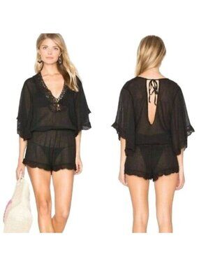 Eberjey So Liberty Black Sheer Lace Romper Cover-Up